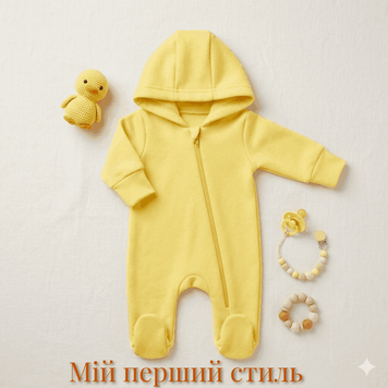 Детский демисезонный комбинезон с капюшоном, ромпер тринитка на флисе (с начесом) унисекс, "Желтый" 1952 фото