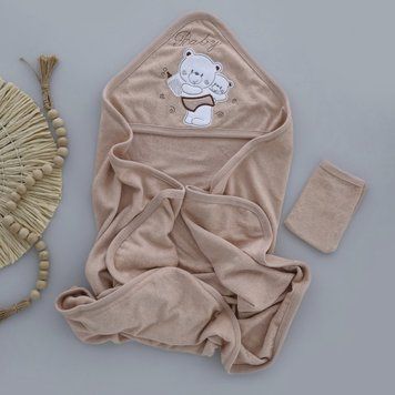 Комплект для купания детское: полотенце-уголок махровое 90х80 см и мочалка-перчатка, бежевый, хлопок, аппликация "Мишки 3147 фото