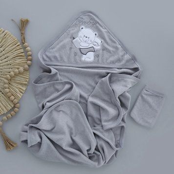 Комплект для купання дитячий: рушник-куточок махровий 90х80 см і мочалка-рукавичка, сірий, бавовна, аплікація "Ведмедики" 3150 фото