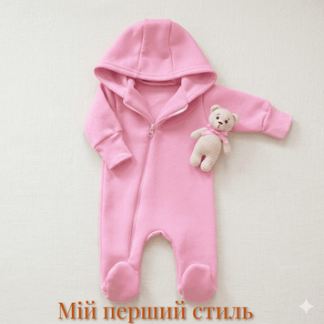 Детский демисезонный комбинезон с капюшоном, ромпер тринитка на флисе (с начесом) для девочки, розовый 697 фото