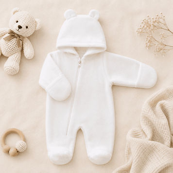 Теплий комбінезон-чоловічок з капюшоном та вушками для новонародженого, бавовняна махра з начісом, білий 2144 фото