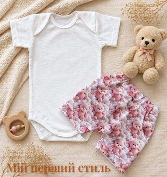 Летний ясельный комплект для девочки (боди и шорты), кулир, белый с розами 1890 фото